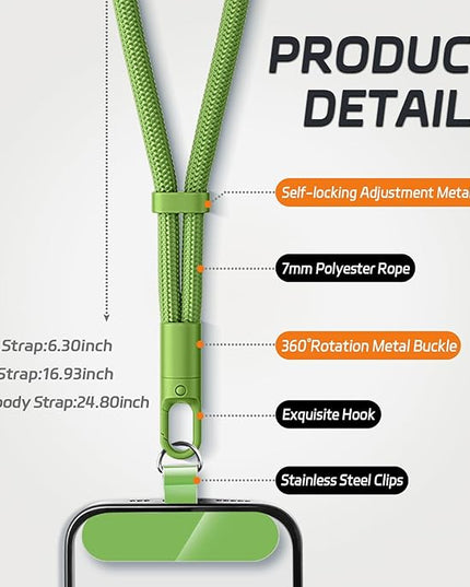 3 Pack Phone Lanyard,1×Phone crossbody strap,1×Phone Neck Strap,1×Wrist Strap,3×Tether Tabs,Universal Cell Phone Multifuctional Patch Polyester Lanyards(Green)