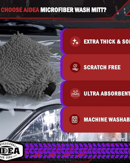AIDEA Car Wash Mitt Microfiber, 1PK Scratch Free Lint-Free, Premium Chenille Microfiber Sponge Mitt Car Wash Brush, Grey, Regular Size 7.12''X10.14''