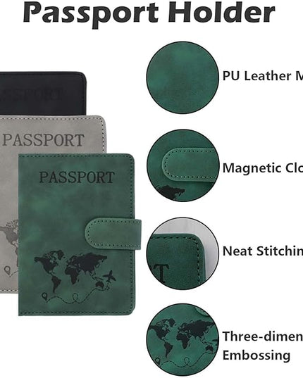 JIABEIUS 3pcs Passport Holder with 3pcs Luggage Tags, Pu Leather Travel Passport Cover, Waterproof Travel Wallet with RFID Blocker for Credit Cards, Cash, Boarding Passes Women Men