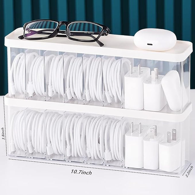 Charger Cable Cord Storage Organizer Box - 2 Pack With Lid - Easy Storage Without Cable Ties