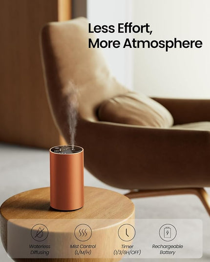 Waterless Essential Oil Diffuser, Rechargeable Scent Diffusers with 3 Mist Levels & Timers, Portable Aromatherapy Diffuser for Home Car Room Studio Office, Cosmic Orange