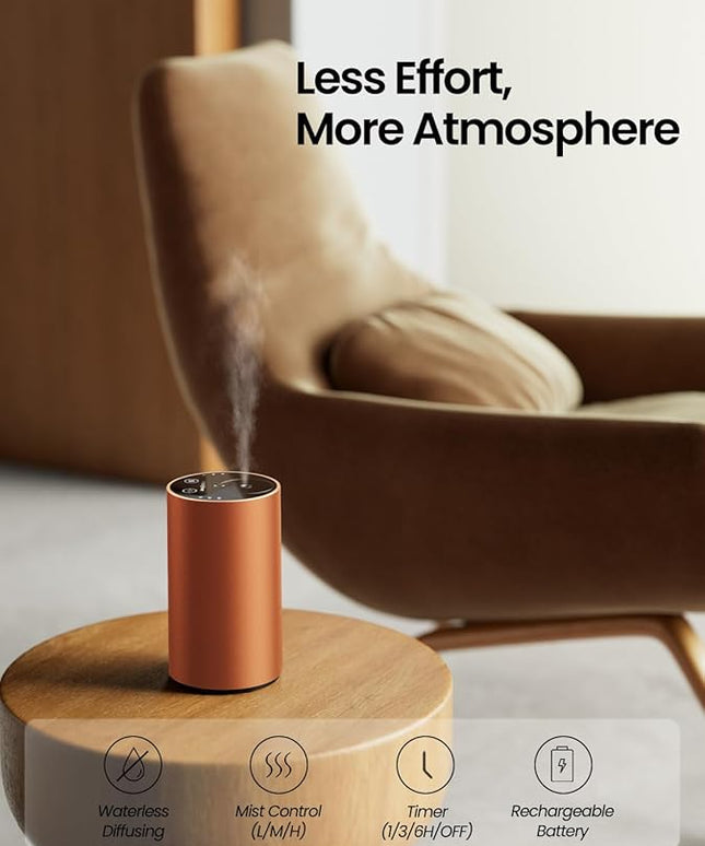 Waterless Essential Oil Diffuser, Rechargeable Scent Diffusers with 3 Mist Levels & Timers, Portable Aromatherapy Diffuser for Home Car Room Studio Office, Cosmic Orange