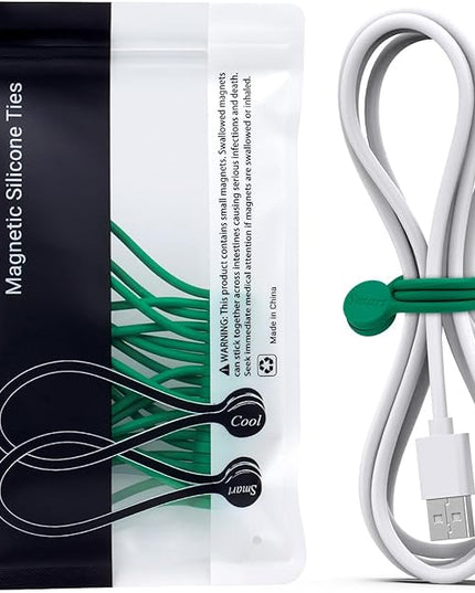 SMART&COOL Reusable Silicone Magnetic Cable Ties for Bundling and Organizing, Holding Stuff, Book Markers, Fridge Magnets, Assorted Color, 7.16'' (10-Pack, Green)