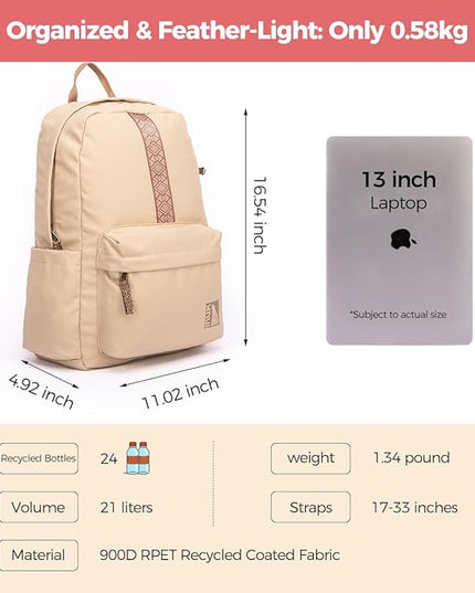 INUK Geometric Stripe Laptop Backpack, 13 Inch Water Resistant Backpack for College & Work, Recycled Travel Daypack Made from 24 Plastic Bottles, with Hidden Pocket & Luggage Strap, Latte
