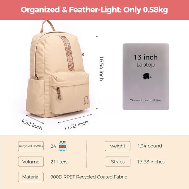 INUK Geometric Stripe Laptop Backpack, 13 Inch Water Resistant Backpack for College & Work, Recycled Travel Daypack Made from 24 Plastic Bottles, with Hidden Pocket & Luggage Strap, Latte