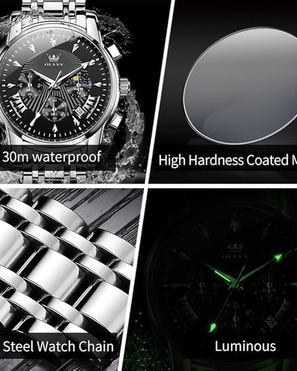 OLEVS Men's Luxury Watch Waterproof Luminous Easy Read Chronograph Watches Full Gold/White Dail/Black Face with Calendar Wristwatch