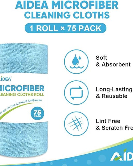 AIDEA Microfiber Cleaning Cloth Roll, 75PK, Reusable Tear Away Paper Towels, Microfiber Towels for Cars, Washable Shop Rags Blue, Lint Free Rags for House, Mechanic, Workshops, 11.5"×11.5"