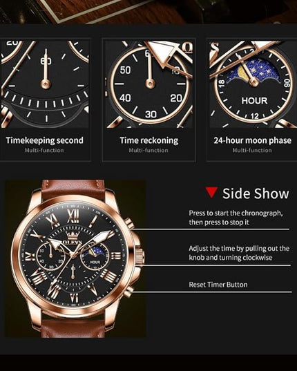 OLEVS Men's Watches Leather Strap Analog Quartz Watch, Fashion Big Dial Date Waterproof Watch, Dress Luxury Luminous Men Watches