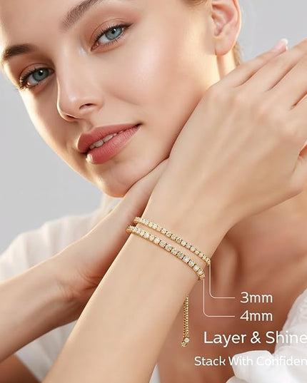 LOVE&LOVE Moissanite Tennis Bracelet for Women, Adjustable 18K Gold Plated 925 Sterling Silver Bracelet, 3/4mm D VVS1 Round Cut, Luxury Jewelry Gift for Wife Mom Girlfriend Birthday Anniversary