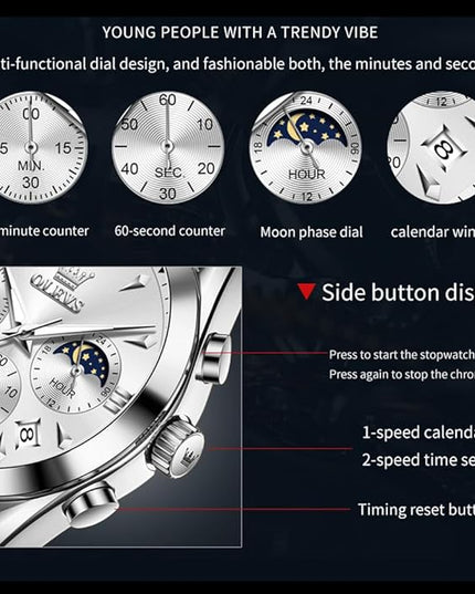 OLEVS Men's Watches Leather Strap Analog Quartz Watch, Fashion Big Dial Date Waterproof Watch, Dress Luxury Luminous Men Watches