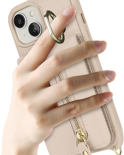 for iPhone 15 Wallet Case with Card Holder, for iPhone 15 Case Wallet with Strap Credit Card Slot, Crossbody Bag with Zipper Case for iPhone15 - Warm White
