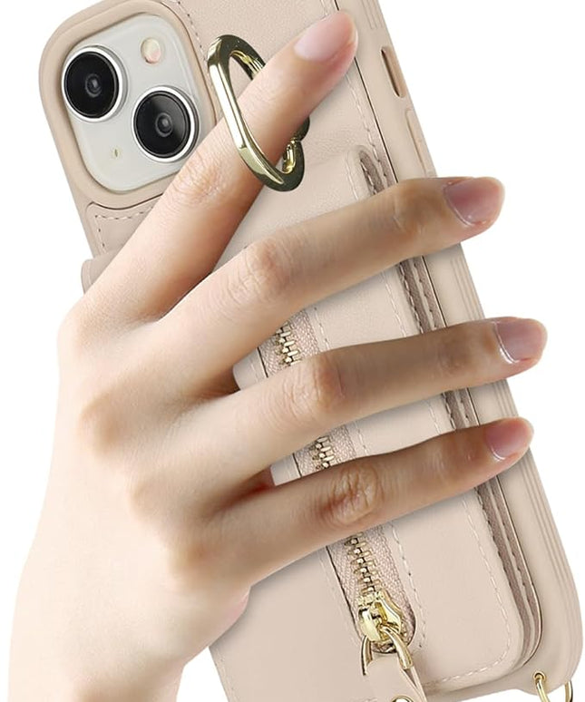 for iPhone 15 Wallet Case with Card Holder, for iPhone 15 Case Wallet with Strap Credit Card Slot, Crossbody Bag with Zipper Case for iPhone15 - Warm White