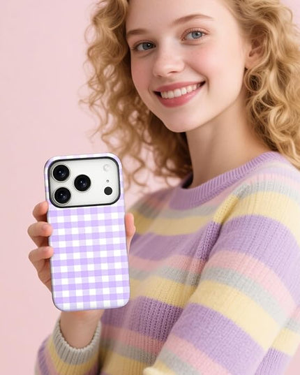 Magnetic for iPhone 17 Pro Max Case Cute Checkered Stripes Phone Case for Women Girls, Shockproof Slim TPU and Hard PC Protective Phone Cover Compatible with MagSafe Designed, Purple