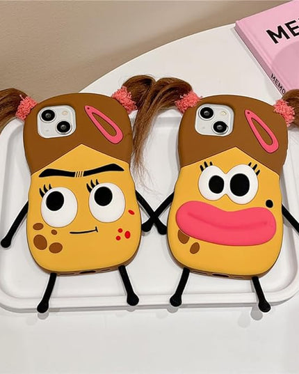 Case Compatible with iPhone 13,Cute 3D Kawaii Funny Braided Ugly Girl Cartoon Cover with Keychain Soft Silicone Gel Drop Protector Women Girls