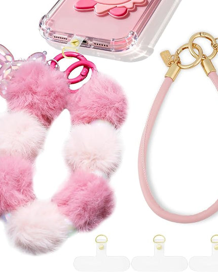 2 Pcs Phone Charm Wrist Strap with Tether Tab, Double Anti Lost Fluff Ball Beaded Wrist Lanyard, Detachable Leather Phone Charms for Bag, Key Chains, Camera Decor