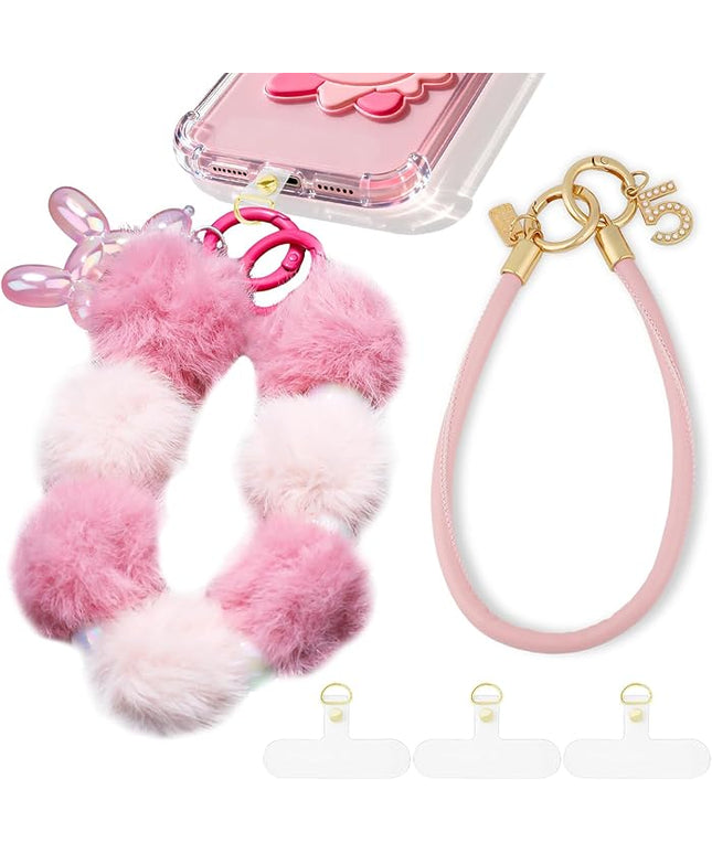 2 Pcs Phone Charm Wrist Strap with Tether Tab, Double Anti Lost Fluff Ball Beaded Wrist Lanyard, Detachable Leather Phone Charms for Bag, Key Chains, Camera Decor