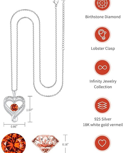 Jewelry for Women Wife Infinity Heart Birthstone I Love You Necklace S925 Anniversary Women Necklaces for Her Wife Birthday Gift Ideas, Birthday Present for Girlfriend Mom Daughter Sterling Silver