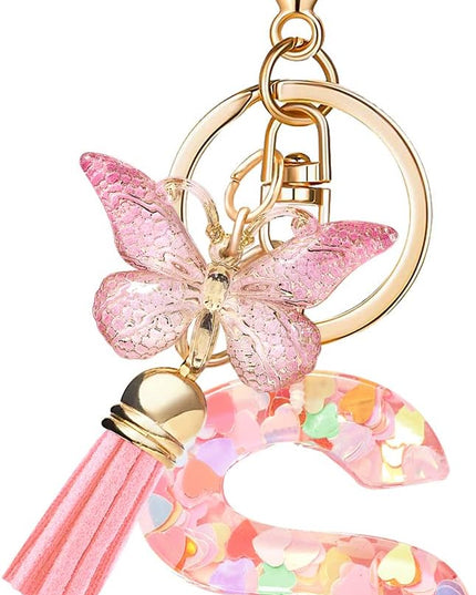 Fashion Alphabet Initial Letter Keychain Tassel Butterfly Pendant Key Ring for Purse Handbags Women Girl