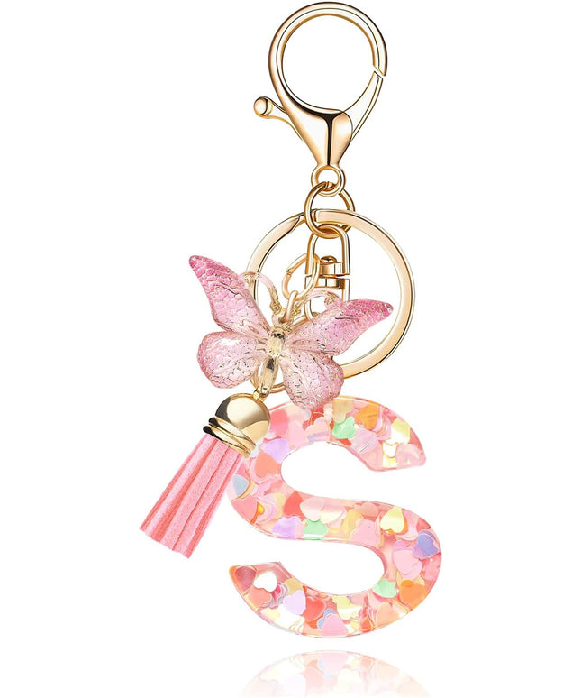 Fashion Alphabet Initial Letter Keychain Tassel Butterfly Pendant Key Ring for Purse Handbags Women Girl