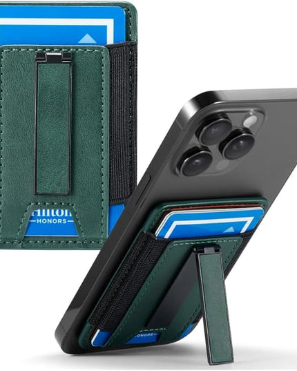 BIAJIYA Phone Wallet Sticky Back with Stand - Holds 6 Cards for iPhone & Samsung, Ultra Thin Leather & Stretch Fabric Card Holder (Green)