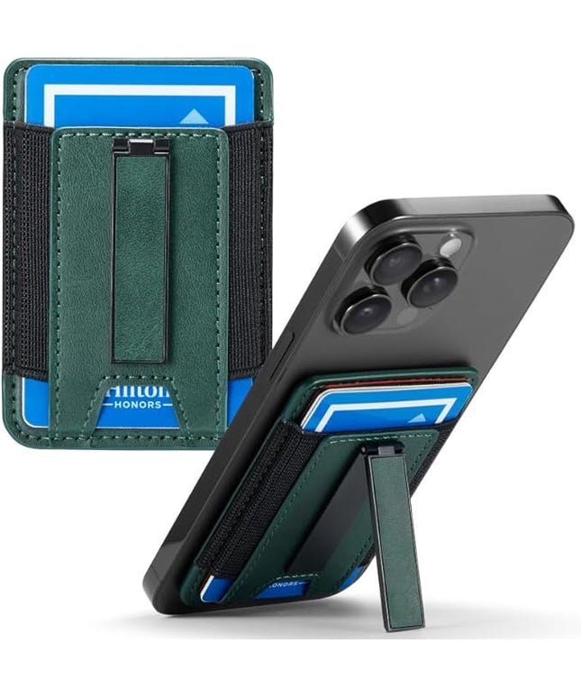 BIAJIYA Phone Wallet Sticky Back with Stand - Holds 6 Cards for iPhone & Samsung, Ultra Thin Leather & Stretch Fabric Card Holder (Green)