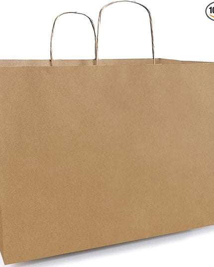 Qutuus 16x6x12 Inch 100 Pcs Kraft Paper Bags with Handles Bulk, Kraft Shopping Bags, Brown Paperbags with Handles, Large Brown Paper Sacks for Small Business, Boutique, Gift, Grocery