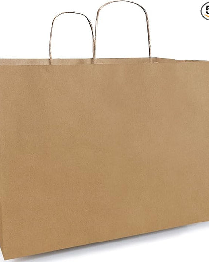 Qutuus 16x6x12 Inches 50 Pack Brown Kraft Paper Bags with Handles for Grocery, Birthdays, Retail, Small Business