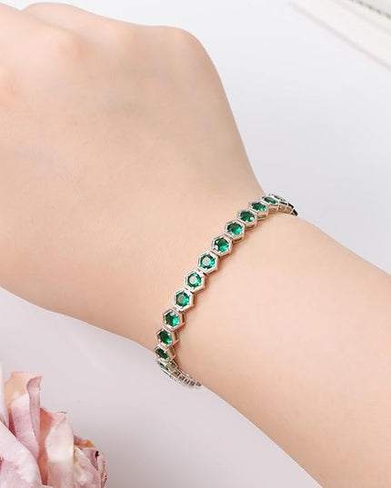 Birthstone Tennis Bracelets for Women Birthday Gifts 925 Sterling Silver Hexagon White Gold Bracelets Round Cut 5A Cubic Zirconia Prong Setting 7 Inch Anniversary Jewelry Gift