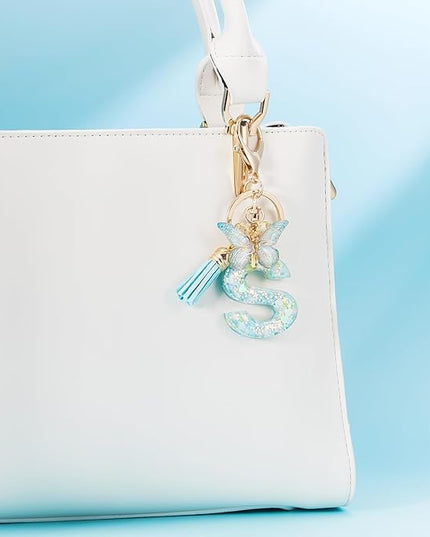 Fashion Alphabet Initial Letter Keychain Tassel Butterfly Pendant Key Ring for Purse Handbags Women Girl