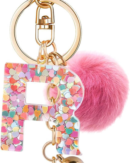 Resin Alphabet Initial Letter Keychain Keyring for Women Purse Handbags With Fur Ball Pom