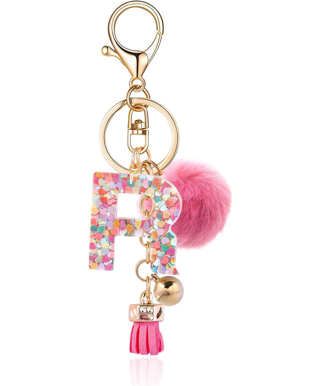 Resin Alphabet Initial Letter Keychain Keyring for Women Purse Handbags With Fur Ball Pom
