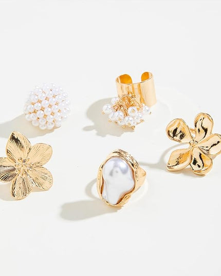 Chunky Gold Rings for Women Non Tarnish Statement Flower Ring Baroque Pearl Stackable Rings Set 6Pcs Chunky Jewelry