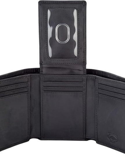 Stealth Mode Trifold Leather Wallet for Men with ID Holder and RFID Blocking (Black)