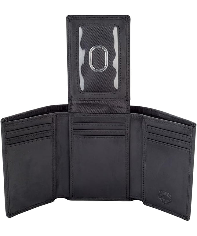 Stealth Mode Trifold Leather Wallet for Men with ID Holder and RFID Blocking (Black)