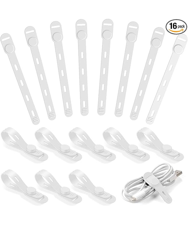 OneLeaf 16Pcs Premium Soft Silicone Cable Ties, Reusable Cord Organizer with Secure Buckle for Phone Charger, Bathroom & Home Organization, Tangle-Free Wire Keepers for Apple Cables - White