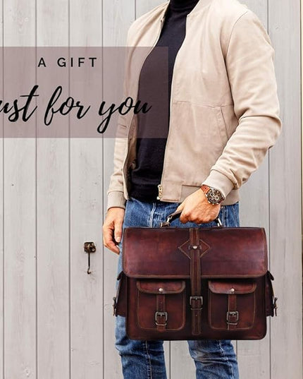 Vintage Leather Laptop Bag for Men Full Grain Large Leather Messenger bag for men 18 inches with rustic look Brown briefcase (Brown)