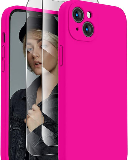 FireNova Designed for iPhone 14 Case, Silicone Upgraded [Camera Protection] Phone Case with [2 Screen Protectors], Soft Anti-Scratch Microfiber Lining Inside, 6.1 inch, Hot Pink