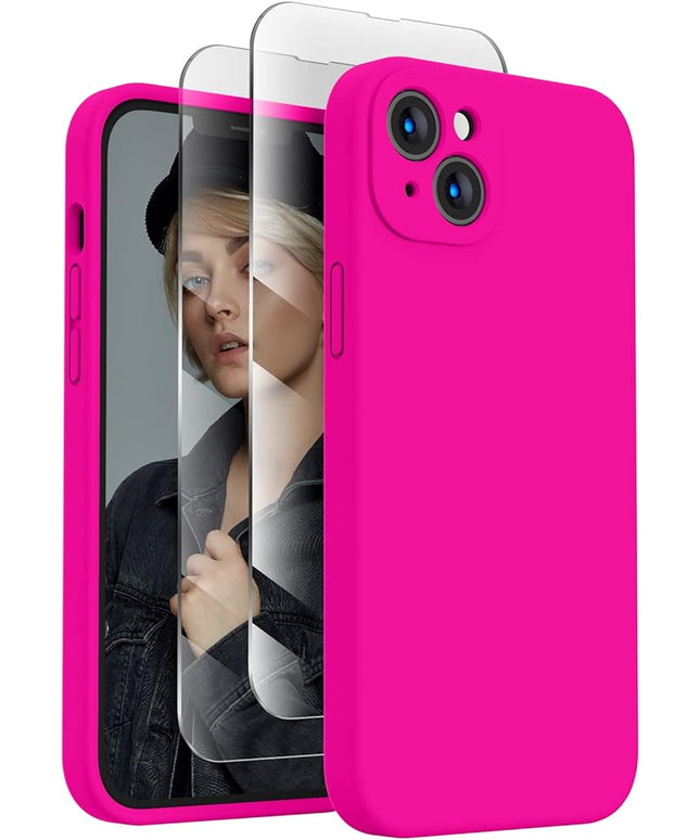 FireNova Designed for iPhone 14 Case, Silicone Upgraded [Camera Protection] Phone Case with [2 Screen Protectors], Soft Anti-Scratch Microfiber Lining Inside, 6.1 inch, Hot Pink