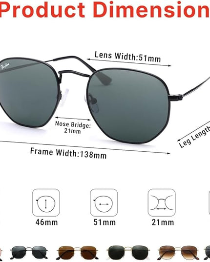 Pro Acme Small Square Sunglasses for Women Men 100% Real Glass Lens Hexagonal Frame