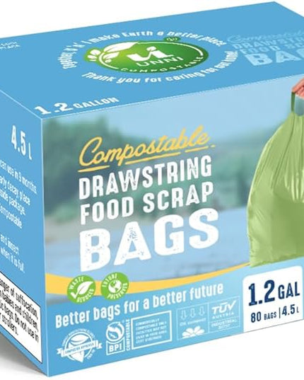 UNNI Compostable Drawstring Bags, 1.2 Gallon, 4.5 Liter, 80 Count, Heavy Duty 1 Mil, Small Kitchen Food Scrap Waste Bags, ASTM D6400, US BPI, CMA & Europe OK compost Certified, San Francisco