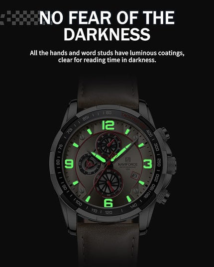 NAVIFORCE Sport Watches for Men Analog Quartz Chronograph Leather Strap Wrist Watch