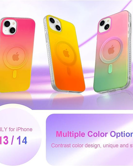 Aesthetic Case for iPhone 13 & 14 Case for Women Girls, Compatible with Magsafe, Cute Girly Trendy Glitter Sparkly Rainbow Magnetic Protective Phone Cover, Matte Iridescent Yellow & Orange