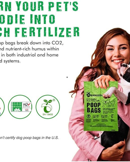 OrangeBio Dog Poop Bags, 100% Certified Home Compostable, 13 x 9 Inches - 180 Count (15 Bags per Roll, 12 Rolls), OK Compost Home