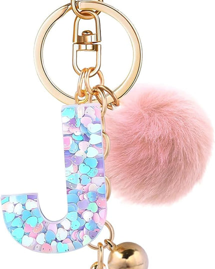 Resin Alphabet Initial Letter Keychain Keyring for Women Purse Handbags With Fur Ball Pom
