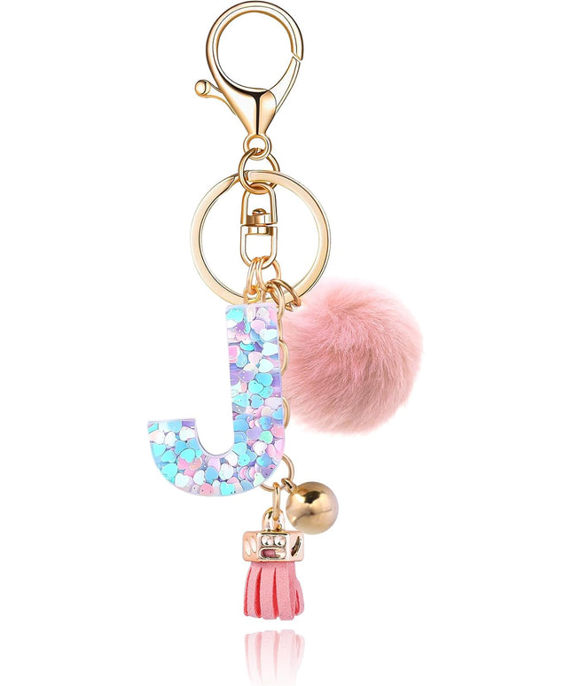 Resin Alphabet Initial Letter Keychain Keyring for Women Purse Handbags With Fur Ball Pom