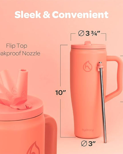 Hydracy 40oz Tumbler with Flip Straw Stainless Steel Insulated Water Bottle with Handle, Reusable Leakproof Rotatable Lid for Left or Right Hand Use, Cupholder Friendly Rubber Base - Coral Crush