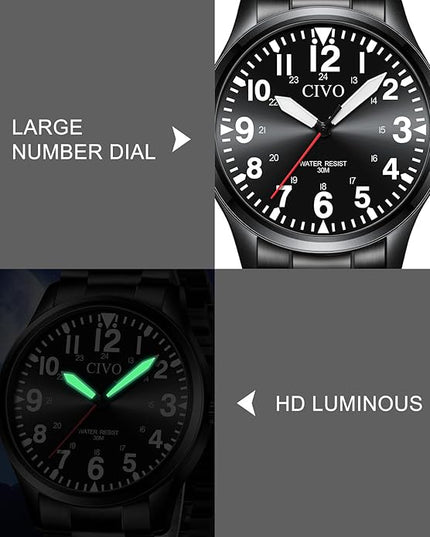CIVO Analog Wrist Watches for Men: Waterproof Stainless Steel Mens Watches - Silver Watch with Easy Read Dial Men's Watch for Gift