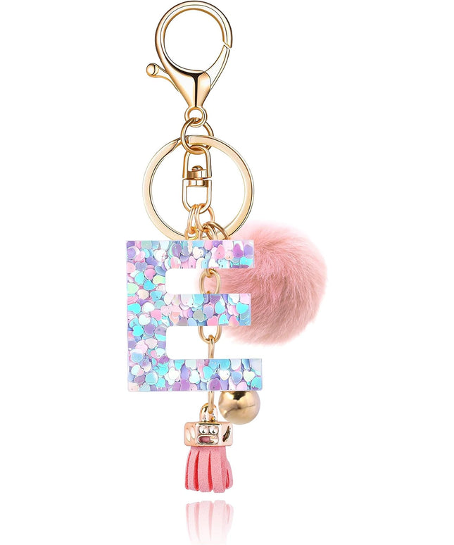 Resin Alphabet Initial Letter Keychain Keyring for Women Purse Handbags With Fur Ball Pom