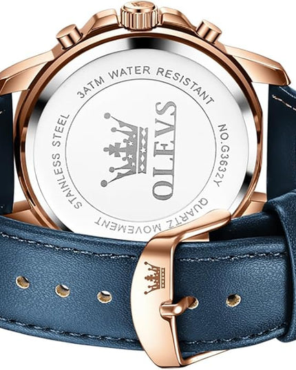 OLEVS Men's Watches Leather Strap Analog Quartz Watch, Fashion Big Dial Date Waterproof Watch, Dress Luxury Luminous Men Watches