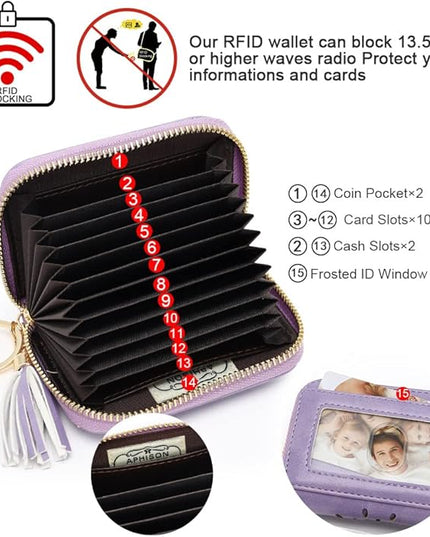 APHISON RFID Credit Card Holder Zipper Card Case Keychain Small Wallet for Women 1927 LIGHT-PURPLE